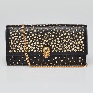 Alexander McQueen Black Pebbled Leather Studded Wallet On Chain Crossbody Bag